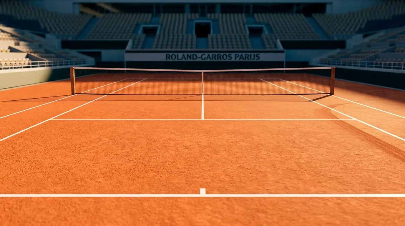 Terre battue van Court Philippe-Chatrier in vroege ochtendzon, verse witte belijning op de oranje gravelbaan van Roland Garros
