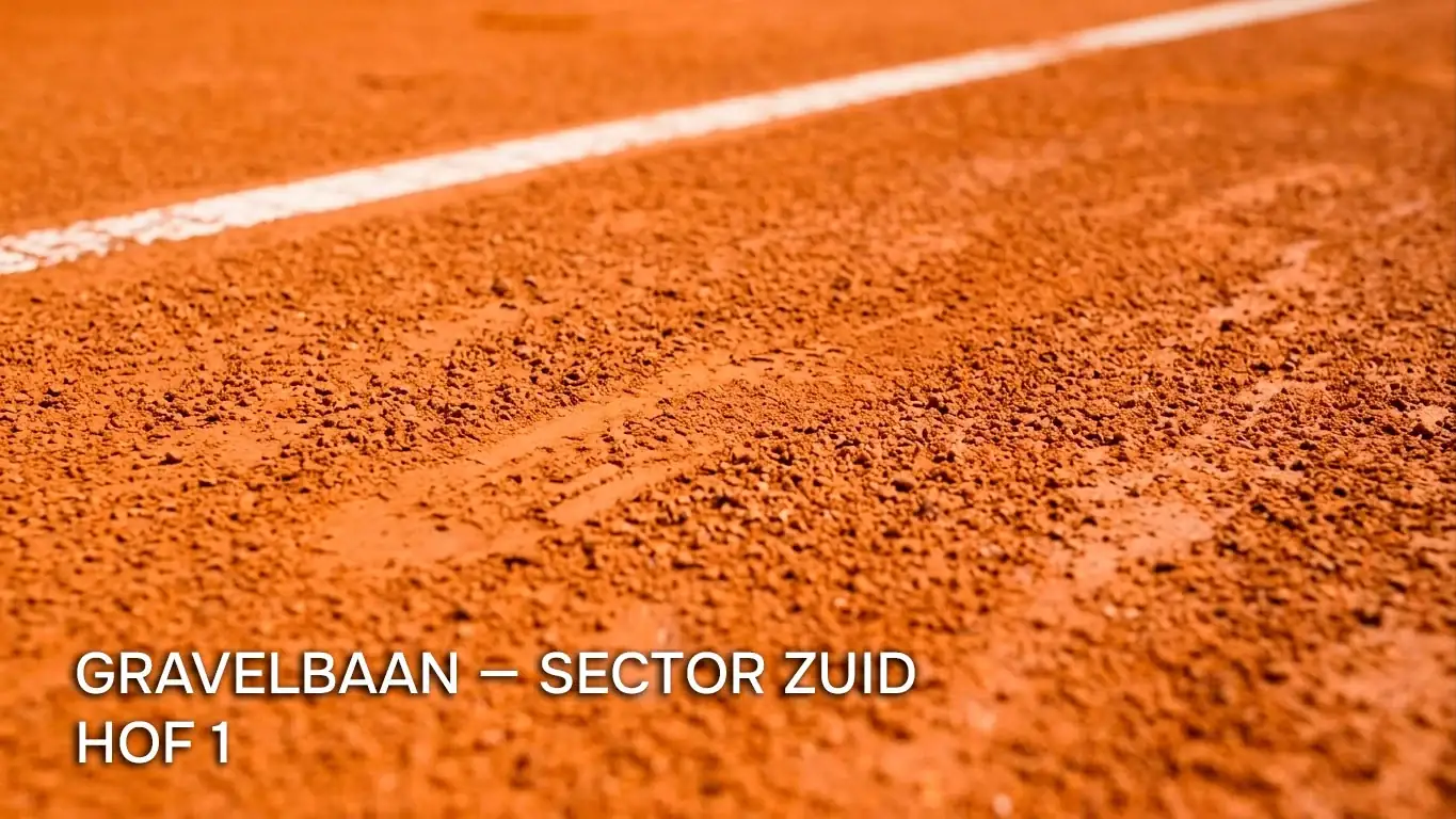 Detail van de oranje terre battue van Roland Garros met verse witte belijning en lichte voetsporen na een ochtendrally
